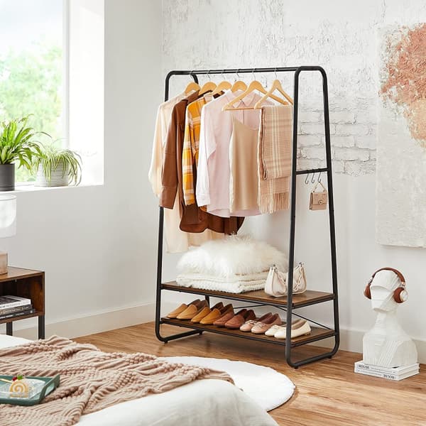 Tøjstativ - frakkeholder - garderobe - 2 hylder - stålramme - brun/sort