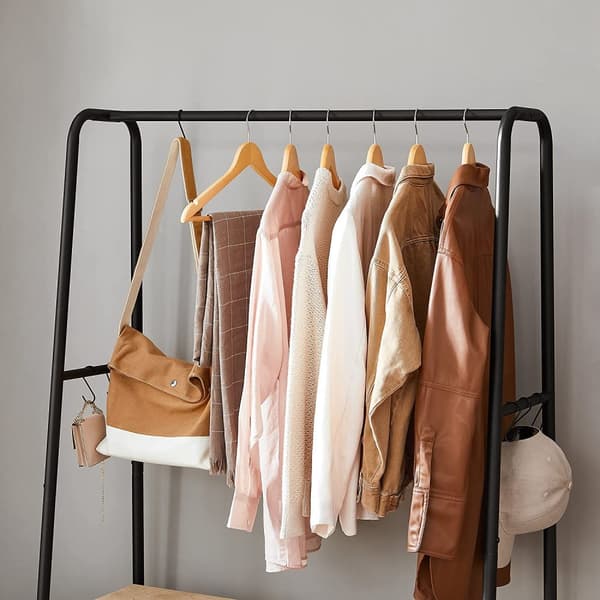 Tøjstativ - frakkeholder - garderobe - 2 hylder - stålramme - brun/sort