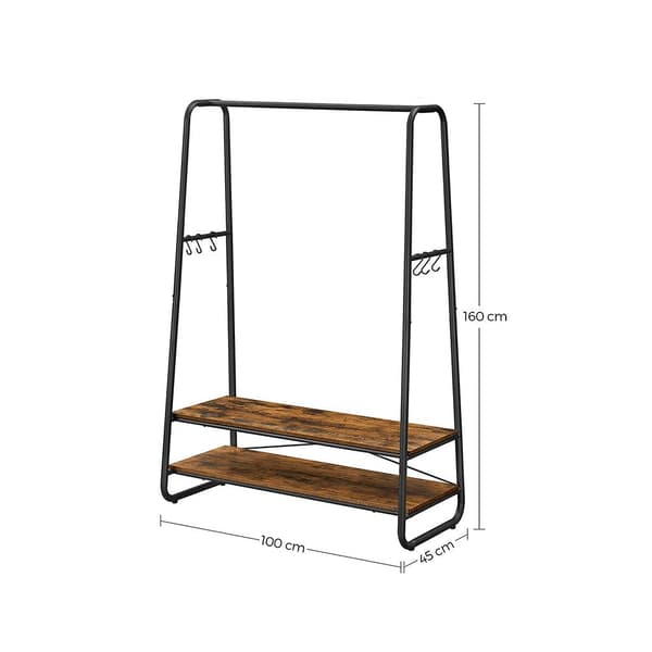 Tøjstativ - frakkeholder - garderobe - 2 hylder - stålramme - brun/sort