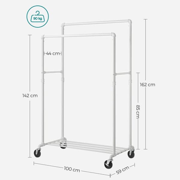 Tøjstativ - Mobil garderobe - Skattepligtig op til 110 kg - 2 stænger - Industriel design - Hvid