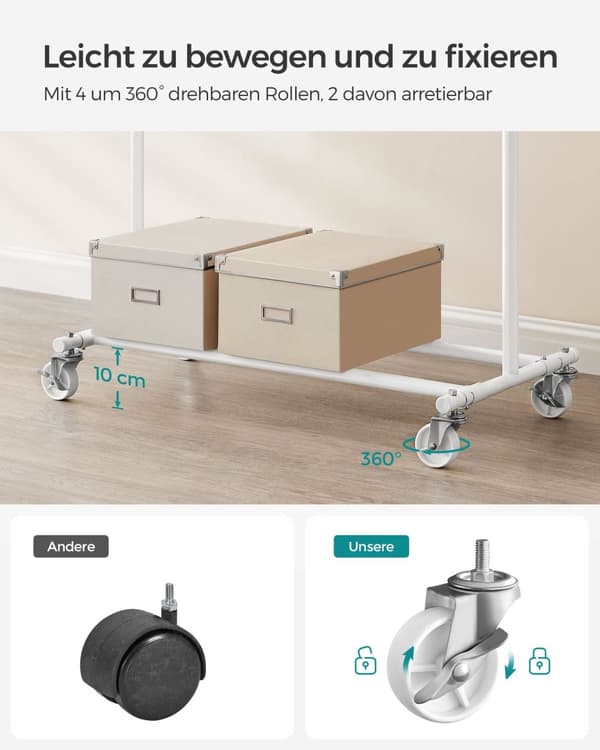 Klädställ - på hjul - Lastkapacitet 90 kg - Klassisk vit