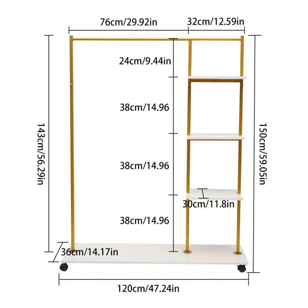 Mobil Klädställning, Hållbar Metall med 4 Hyllor, Höjd 150cm,Guld