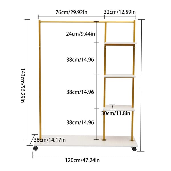 Mobil Klädställning, Hållbar Metall med 4 Hyllor, Höjd 150cm,Guld