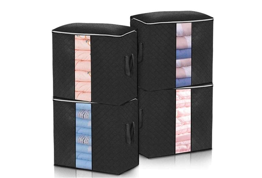 4x Förvaringspåse och organisatör för täcke och kläder - Klädorganisatör - Organisatör för täcke - svart