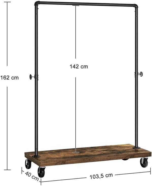 Tøjstang på hjul - op til 90 kg - industrielt design - 103 cm længde