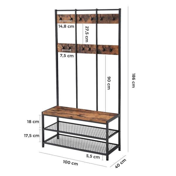 Garderobestativ - industrielt - med knagerække - 100x40x186 cm