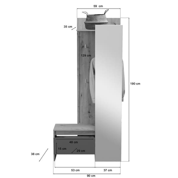 Torino garderobe oppstilling 3 knagger eik dekor.