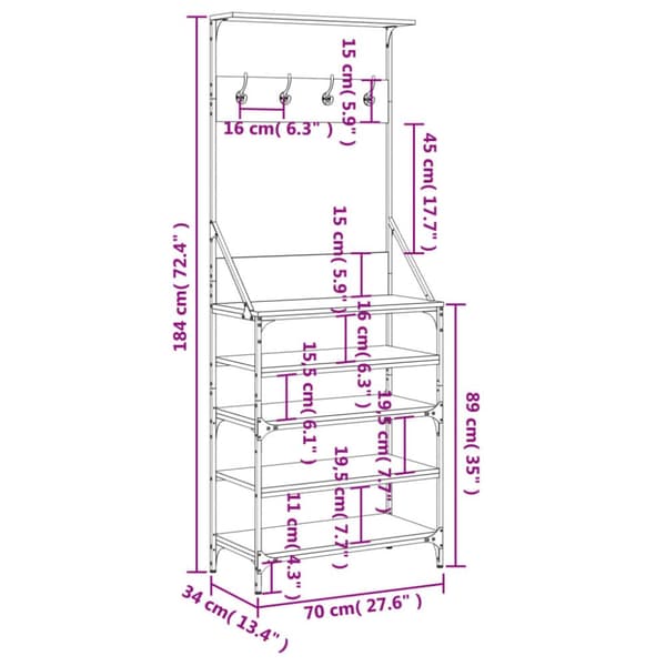 tøjstativ med skoopbevaring 70x34x184 cm sonoma-eg