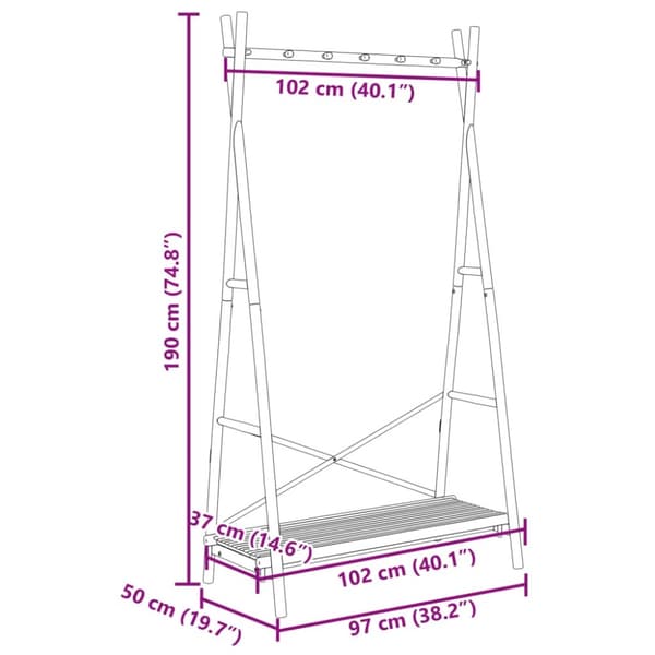 tøjstativ med hylde 102x50x190 cm bambus