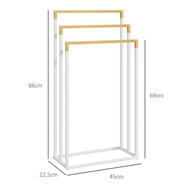 Rootz Kleankin 3-delad handdukshängare - Handdukstorkar - Badrumsarrangör - Industriell design - Bambu och stål - 45 x 22,5 x 86 cm - Vit + Naturlig
