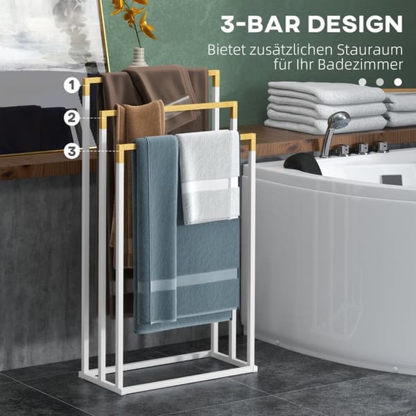 Rootz Kleankin 3-delad handdukshängare - Handdukstorkar - Badrumsarrangör - Industriell design - Bambu och stål - 45 x 22,5 x 86 cm - Vit + Naturlig