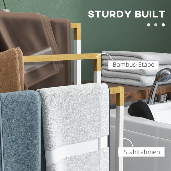 Rootz Kleankin 3-delad handdukshängare - Handdukstorkar - Badrumsarrangör - Industriell design - Bambu och stål - 45 x 22,5 x 86 cm - Vit + Naturlig