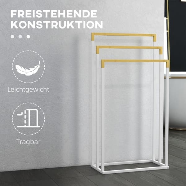Rootz Kleankin 3-delad handdukshängare - Handdukstorkar - Badrumsarrangör - Industriell design - Bambu och stål - 45 x 22,5 x 86 cm - Vit + Naturlig