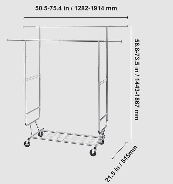 600 lbs kapacitet 75,4x73,5 tum 2-hängstängers klädhängare med bottenhylla och hjul, infällbar och justerbar, dubbel kapacitet