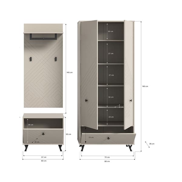 Notes garderobe oppstilling matt beige.