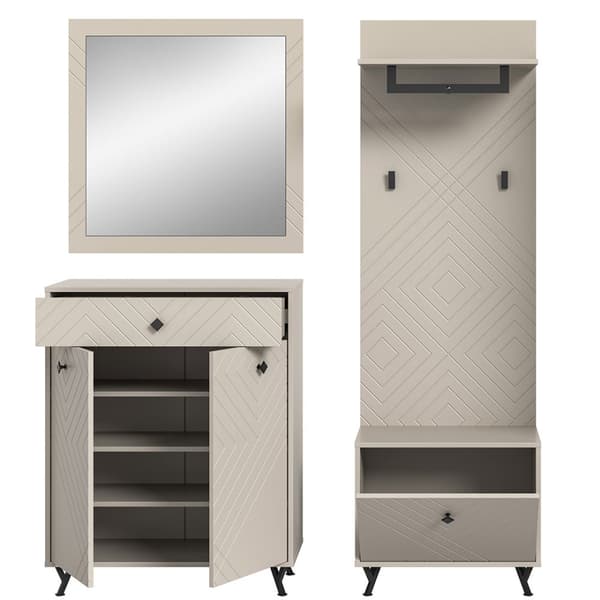 Notes garderobe oppstilling matt beige.