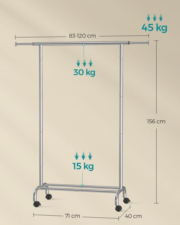 Tøjstativ på hjul med en belastningskapacitet på op til 45 kg, duergrå