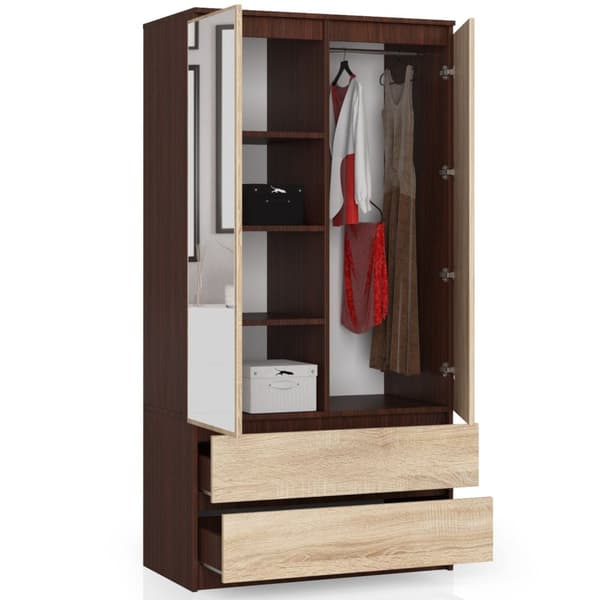 SKAB S 90 cm 2 DØRE 2 SKUFFE 2 SPEJLE WENGE / SONOMA