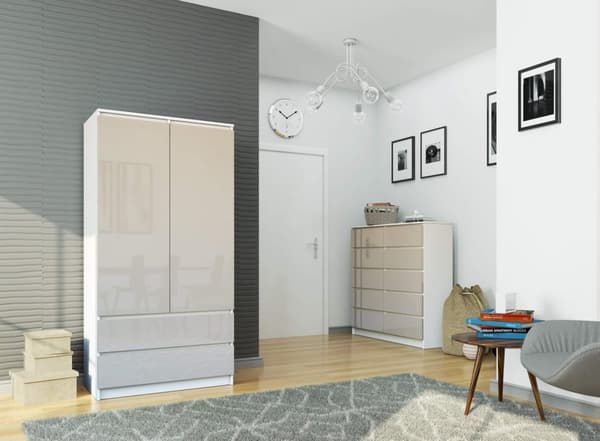 Skab S 90 cm 2 døre 2 skuffer - hvid-cappuccino højglans