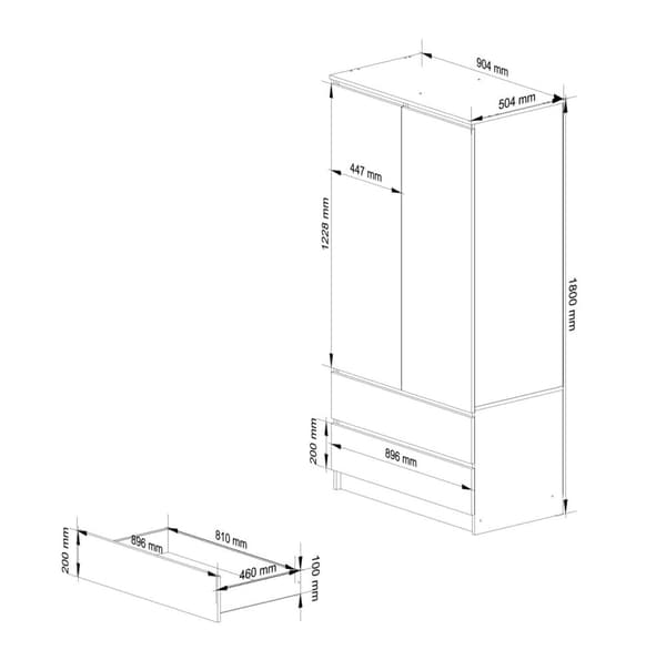 Skab S 90 cm 2 døre 2 skuffer - hvid-cappuccino højglans