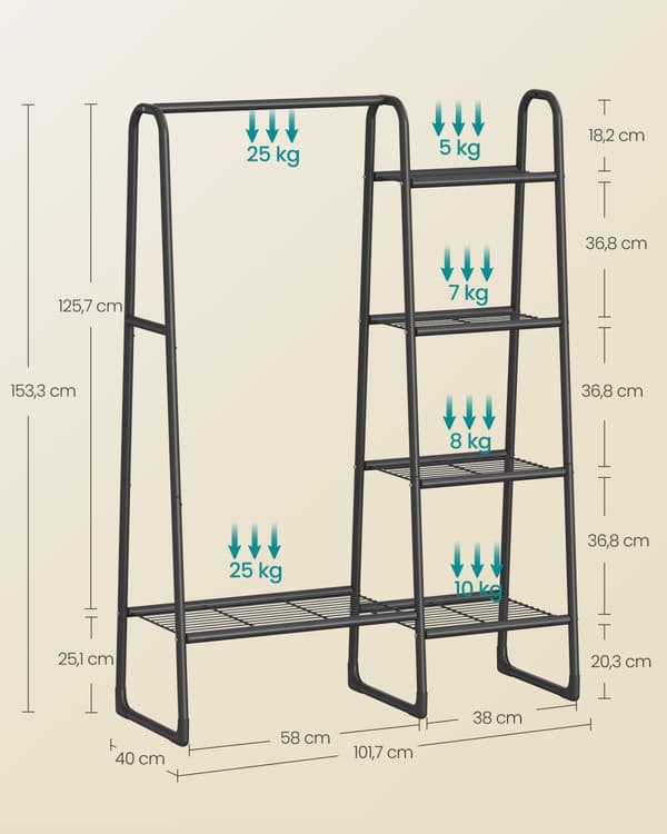 Vaateripustin, SONGMICS, 40 x 101,7 x 153,3 cm, mustesävyinen