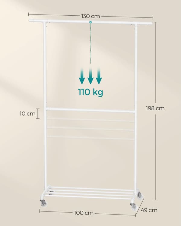 Klädställning, SONGMICS, 49x130x198 cm, Klassisk vit.