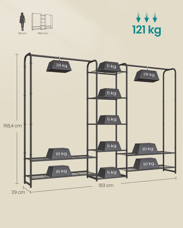 Tøjstativ, SONGMICS, 29 x 183 x 158,4 cm, Mat sort.