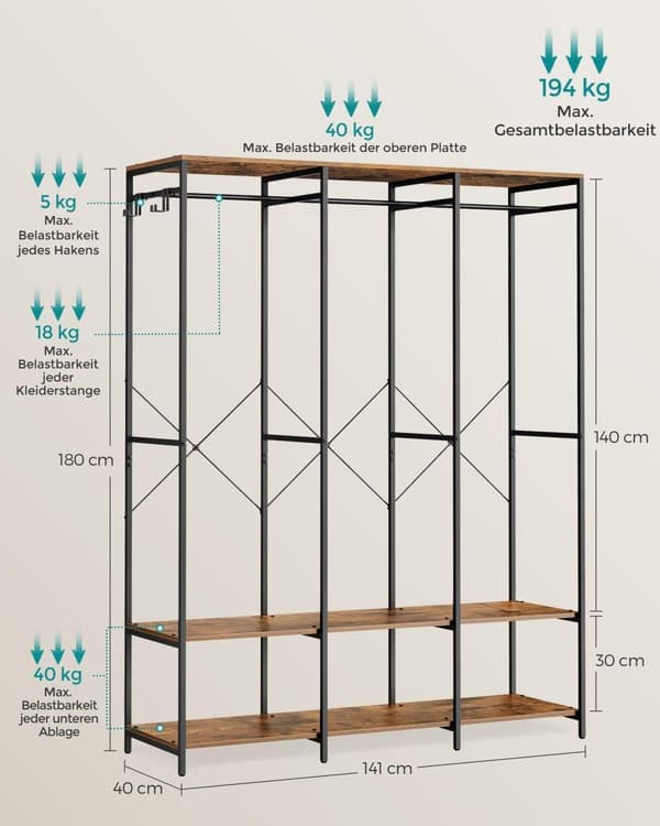 Klädställning, SONGMICS, 141x40 cm, Brun