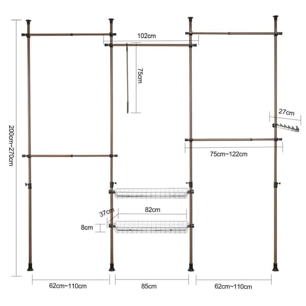 Garderobsystem, KLS04-BR, Bredd: 75-122+102+75-122 cm, Höjd: 200-270 cm, Brun
