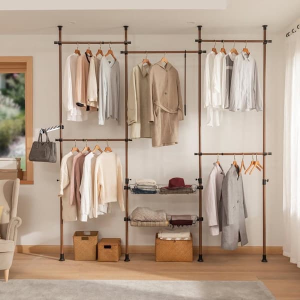 Garderobsystem, KLS04-BR, Bredd: 75-122+102+75-122 cm, Höjd: 200-270 cm, Brun