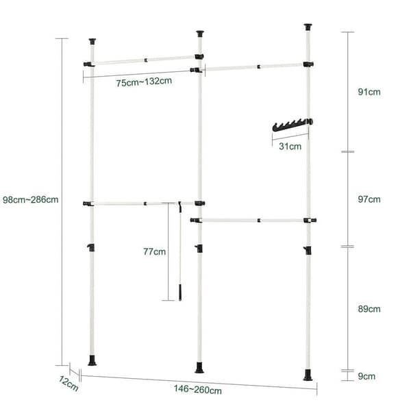 Garderobesystem, KLS03, Højde: 200-270 cm, Total længde: 138-235 cm, Sort