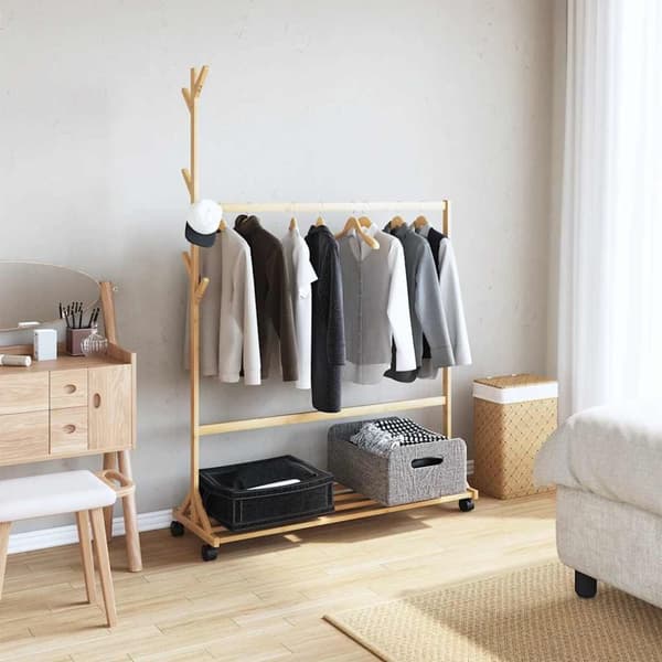 Klädställ med krokar och hjul 100x35x157 cm bambu