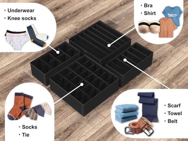 Bomclap Houseware 4-Pack skuffe arrangør sæt - skab dividere til undertøj, sokker, bh'er, tørklæder, slips - foldbare ikke-vævede opbevaringskasser