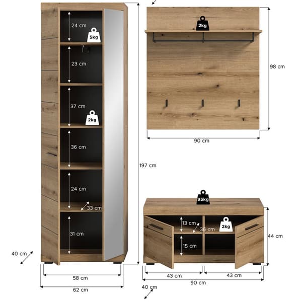 Scout garderobe oppstilling 3 deler eik dekor.