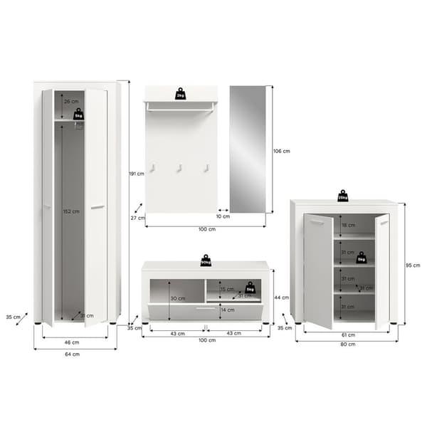 Jam garderobe oppstilling 5 deler hvit.