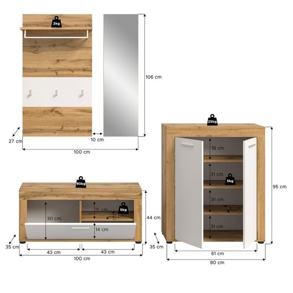 Jam garderobe oppstilling 4 deler hvit, eik dekor.