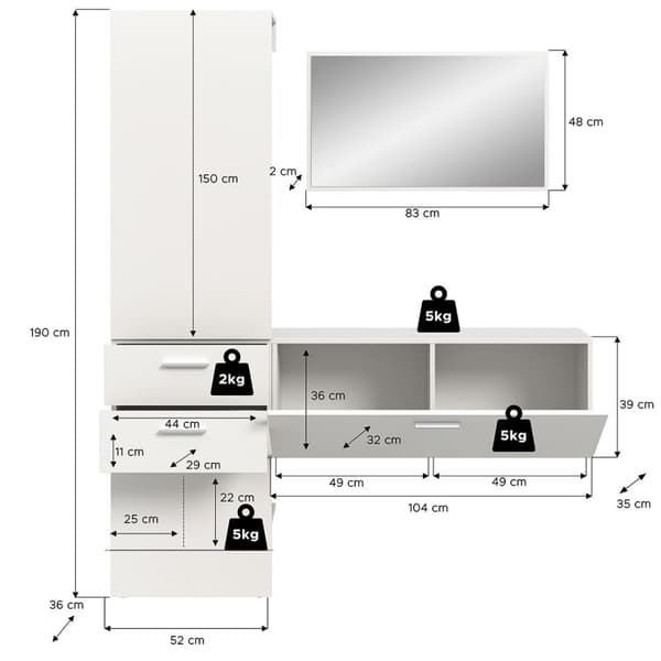 Vaga garderobe oppstilling 3 deler hvit.