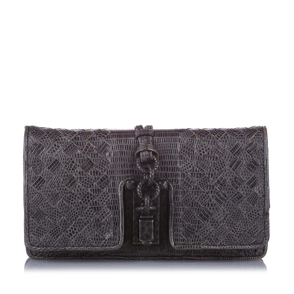 Bottega Veneta Intrecciato Lizard Leather Clutch Bag Black