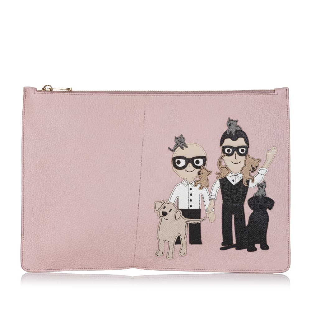 Pre-owned Dolce&Gabbana Family Patch Leather Clutch Bag Pink