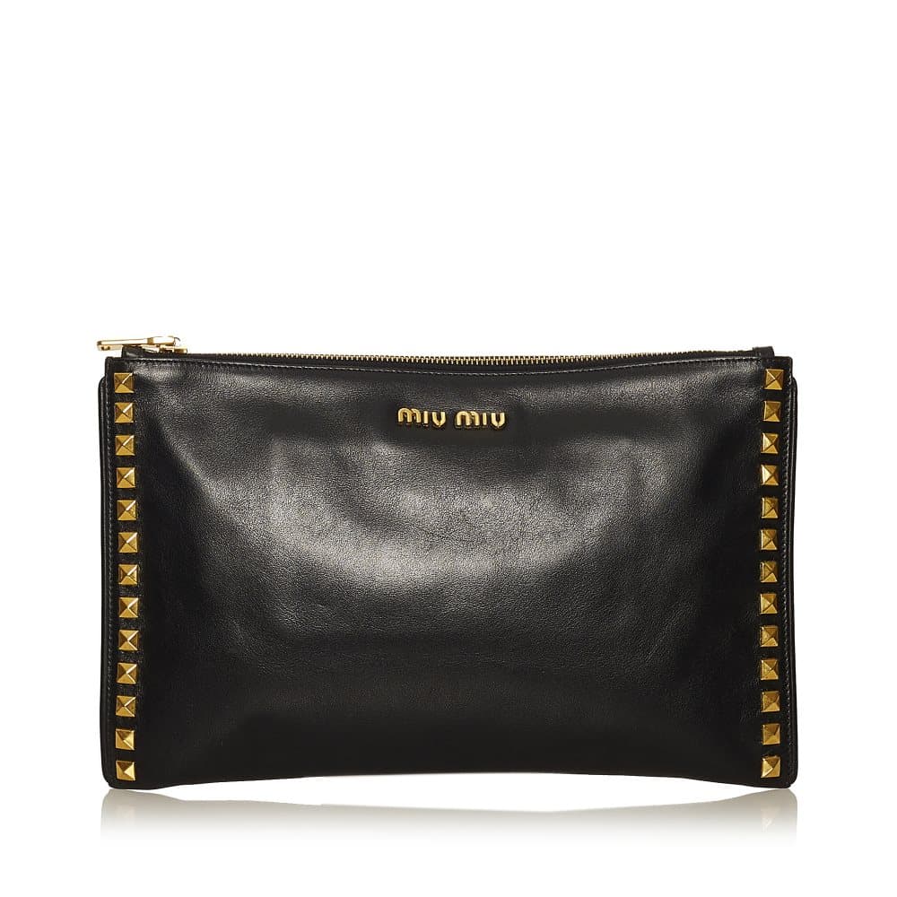 Pre-owned Miu Miu Studded Leather Clutch Bag Black