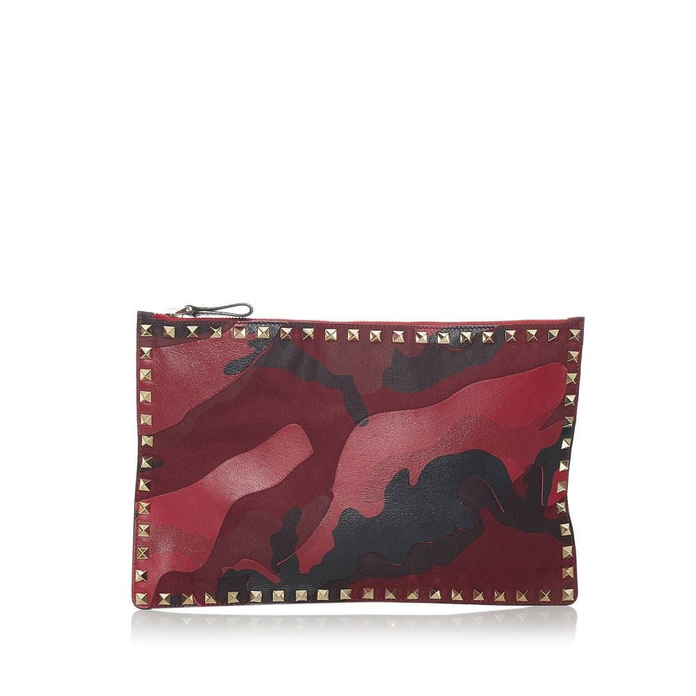 Pre-owned Valentino Rockstud Camouflage Leather Clutch Bag Red