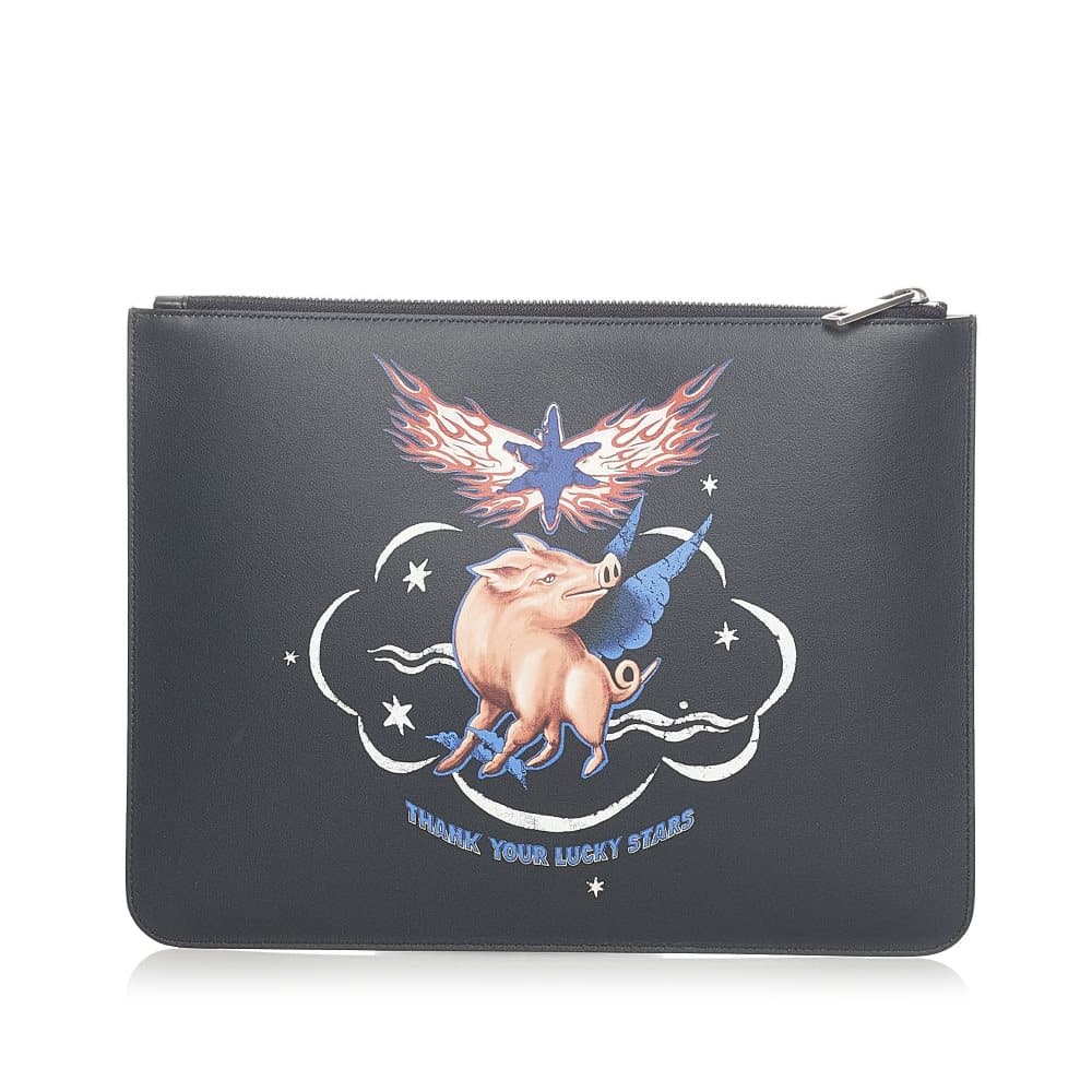 Pre-owned Givenchy Zodiac Printed Leather Clutch Bag Blue