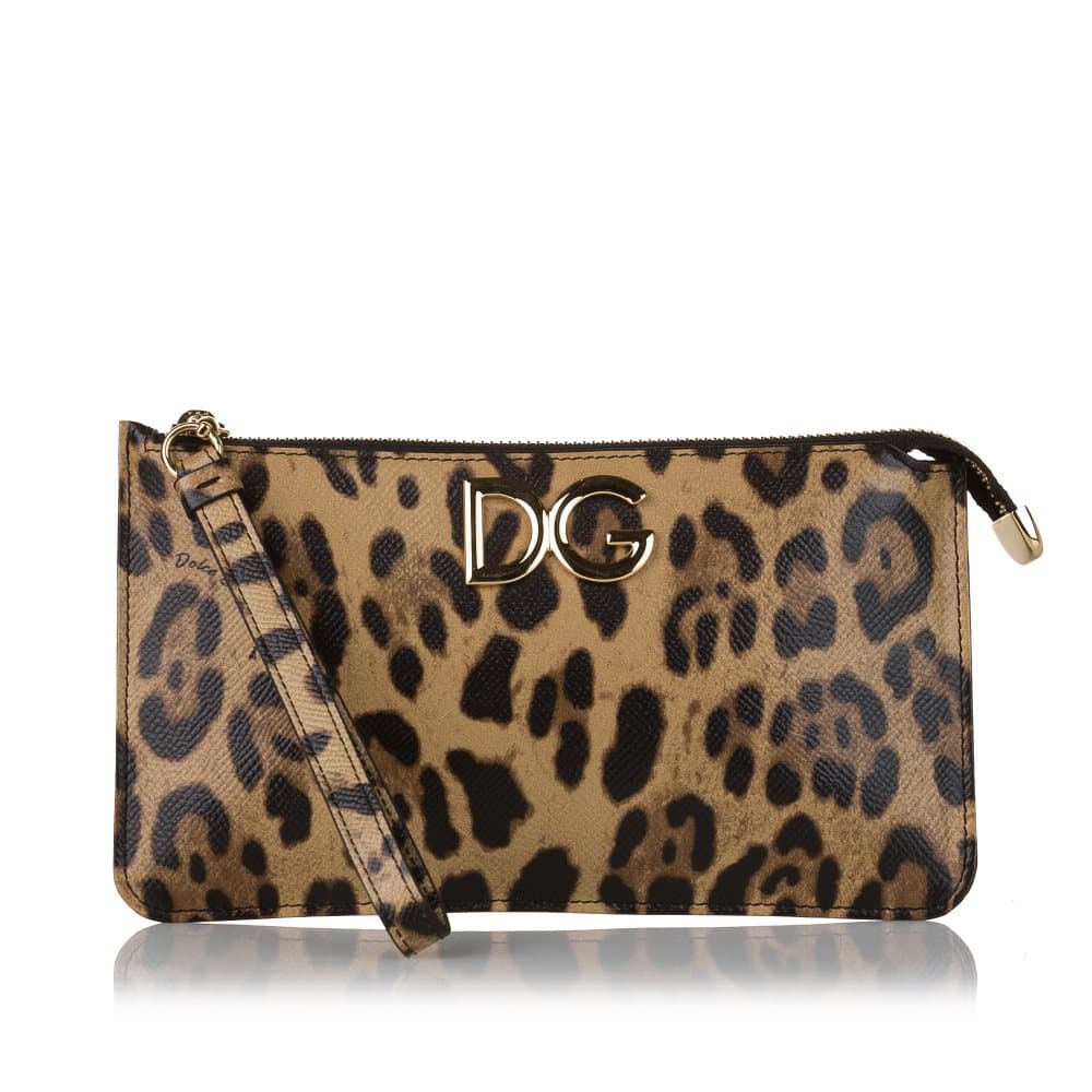 Pre-owned Dolce&Gabbana Leopard Print Leather Clutch Bag Brown