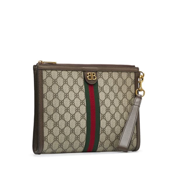 Pre-owned Gucci X Balenciaga BB Supreme Ophidia Web Clutch Brown