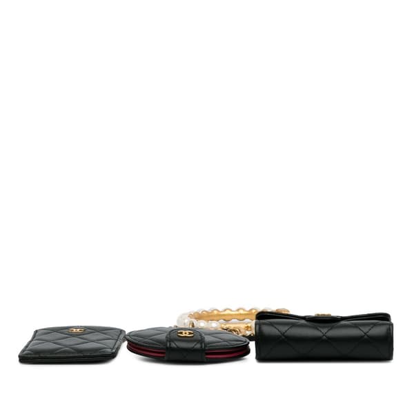 Pre-owned Chanel Lambskin Pearl Crown CC Wristlet Multi Pouches Black