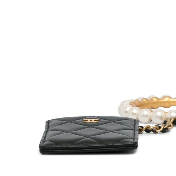 Pre-owned Chanel Lambskin Pearl Crown CC Wristlet Multi Pouches Black