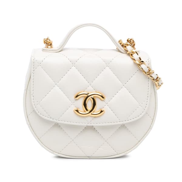 Pre-owned Chanel Mini CC Quilted Aged Calfskin Top Handle Clutch with Chain White
