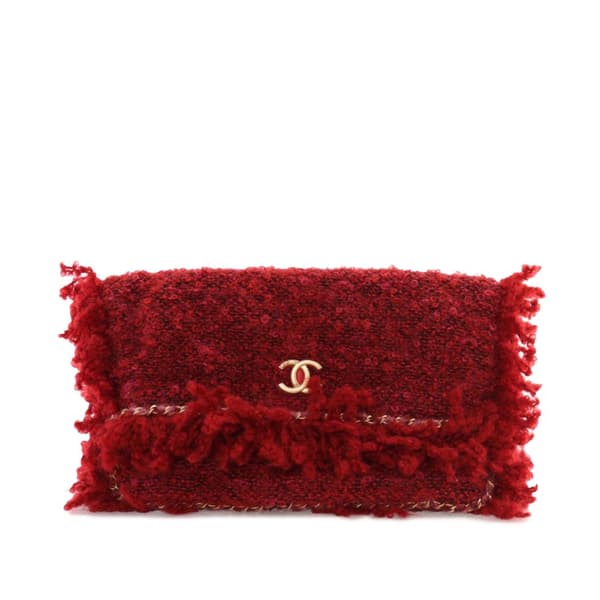 Pre-owned Chanel Tweed Fringe Paris Cosmopolite Clutch Red