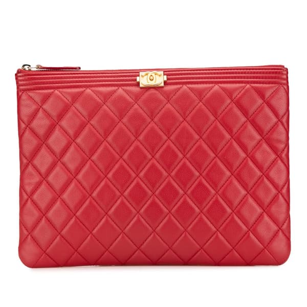 Pre-owned Chanel Medium Quilted Caviar Boy O Case Clutch Red