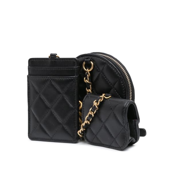 Pre-owned Chanel Lambskin Pearl Crown CC Wristlet Multi Pouches Black